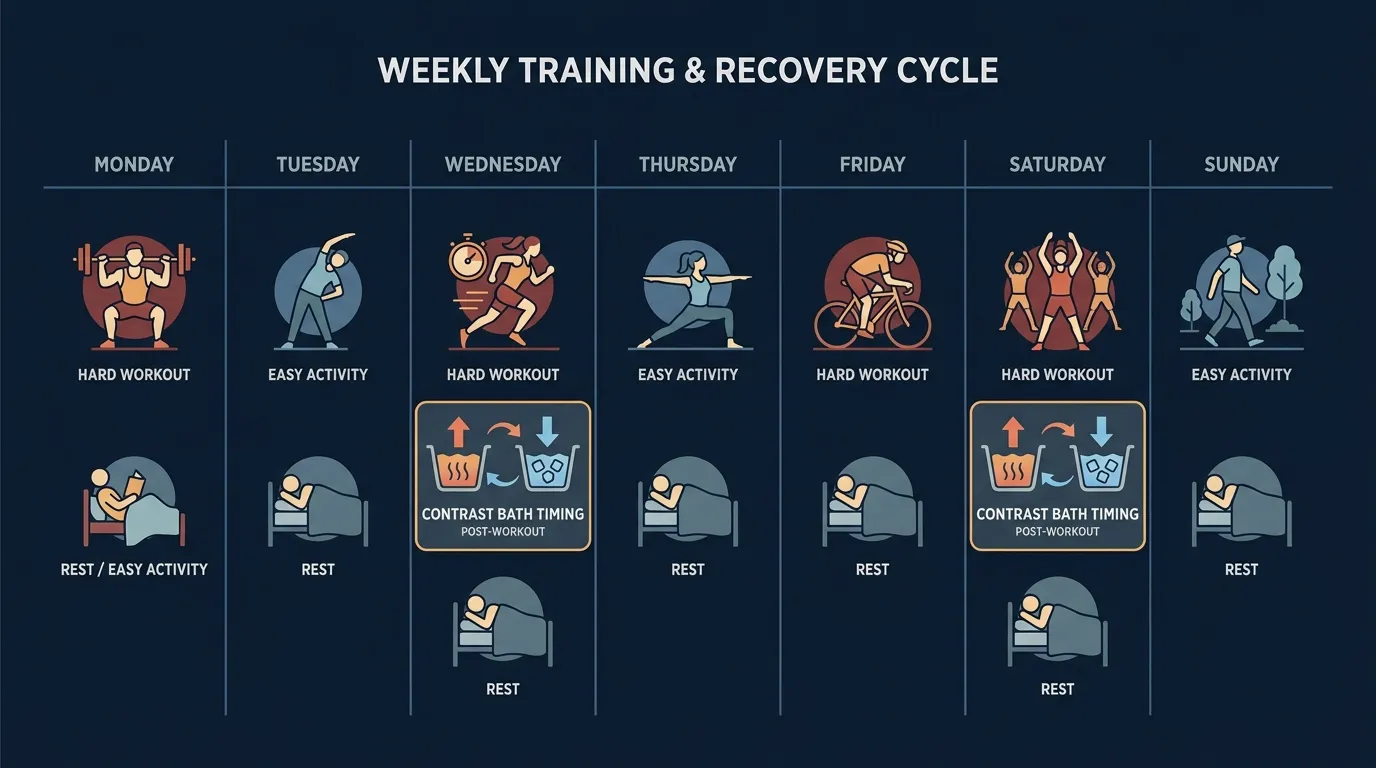 Conceptual visualization of a weekly training map showing where contrast water therapy fits between hard training days versus non-lifting easy days