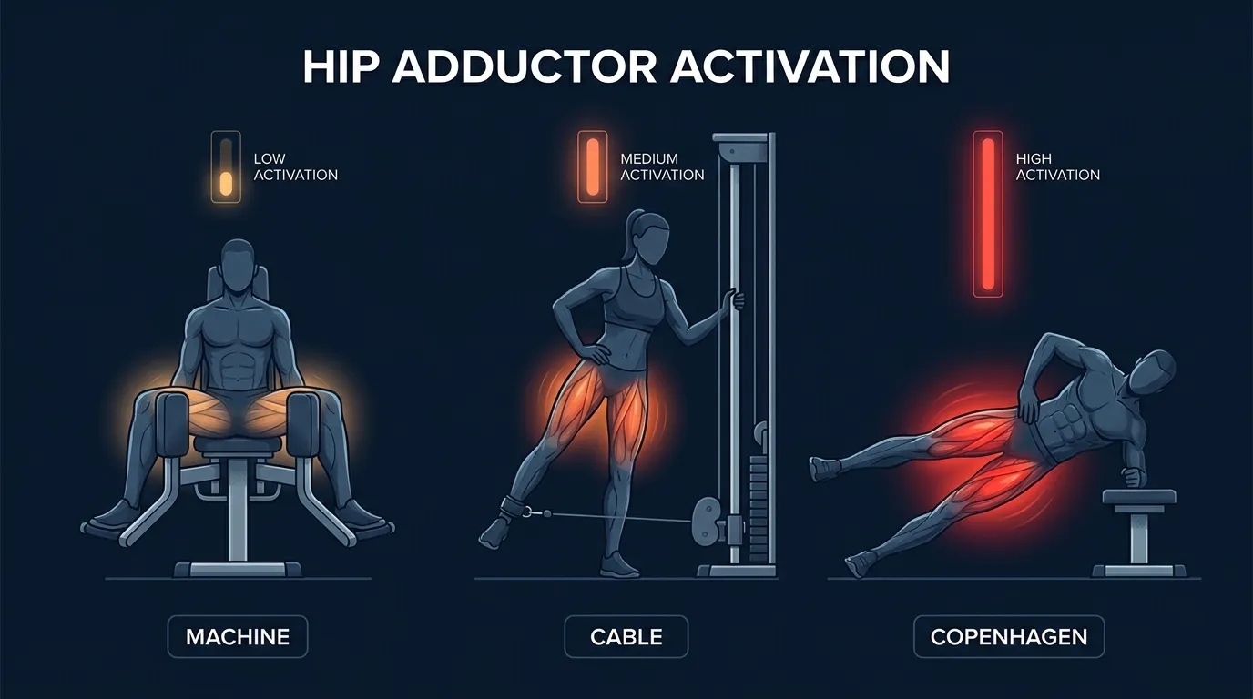 Concept illustration comparing hip adductor muscle activation across a seated machine, standing cable adduction, and Copenhagen plank, with the Copenhagen plank shown driving the largest activation signal