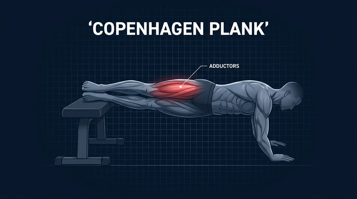 Illustration of a side plank with the top leg supported on a bench, the bottom leg hanging in mid-air, and the top-leg adductors squeezing into the bench to keep the pelvis level