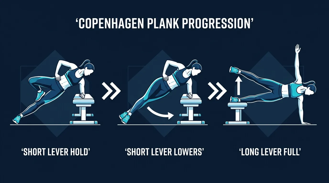 Concept illustration of a Copenhagen plank progression from short-lever isometric hold with the knee on the bench, through short-lever eccentric lowers, to the long-lever ankle-supported classic version