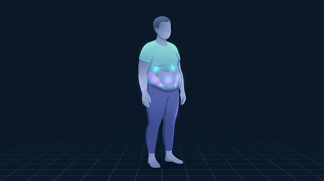 Illustration of an adult with central abdominal fat glowing deep behind the abdominal wall, showing where the visceral fat associated with cortisol belly is actually stored