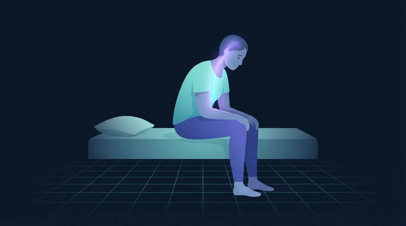 Illustration of a tired adult sitting awake on the edge of a bed at night, the pattern of ongoing stress and short sleep most strongly linked to visceral abdominal fat gain