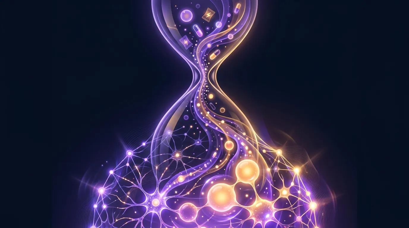 Conceptual editorial illustration of a daily creatine protocol with brain energy recovery over time