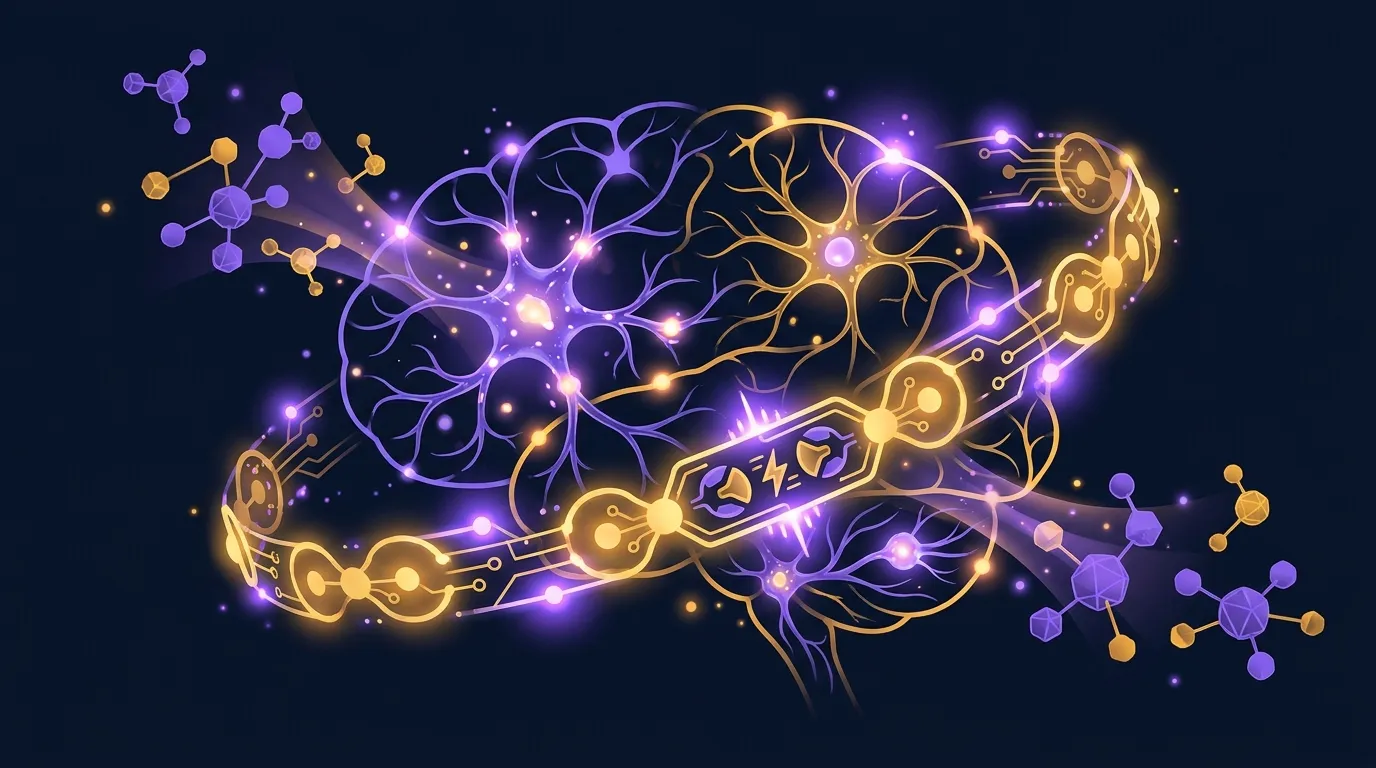 Conceptual illustration of creatine molecules supporting brain energy metabolism with synapses firing on a dark editorial background