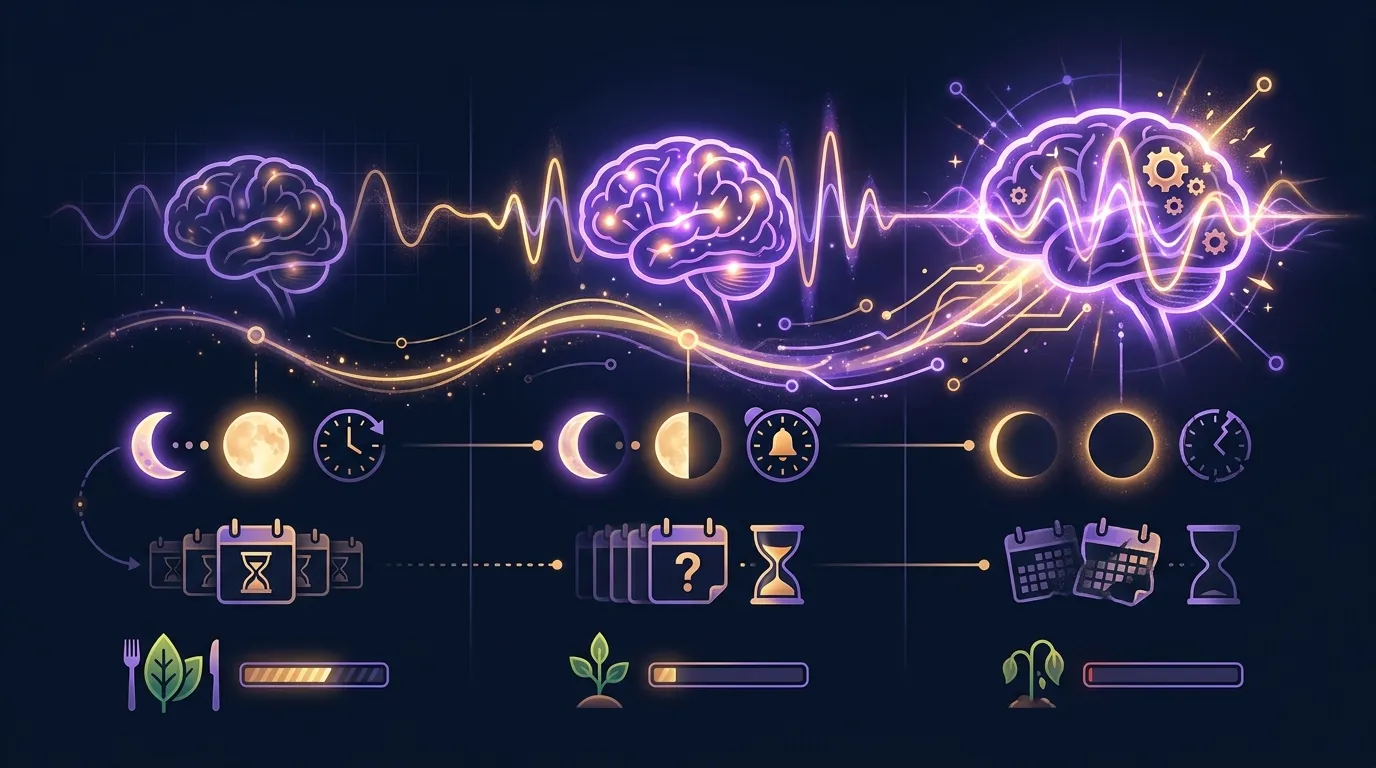 Conceptual visualization showing creatine's stronger cognitive effects under metabolic stress like sleep deprivation, aging, and vegetarian diet
