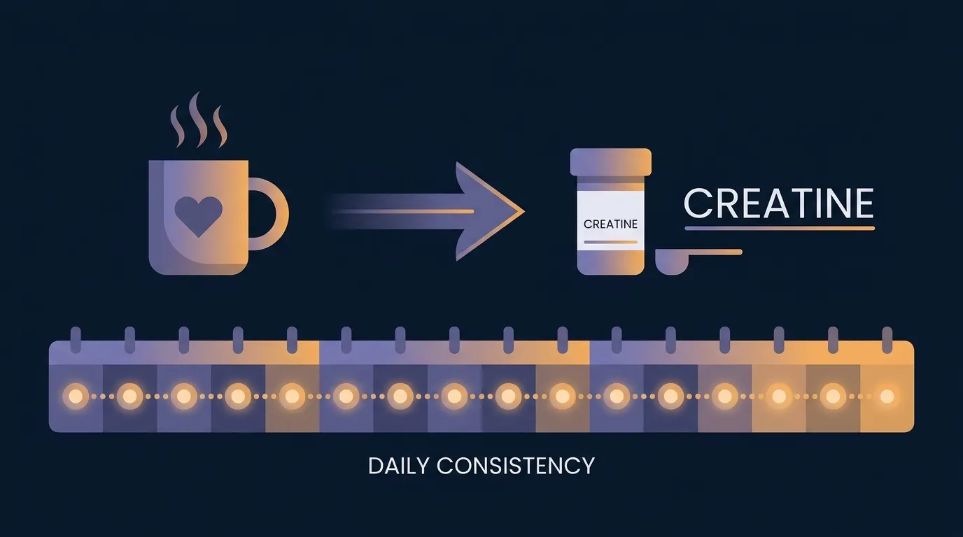 Conceptual illustration of a daily creatine dose habit stacked with coffee or breakfast for long-term consistency