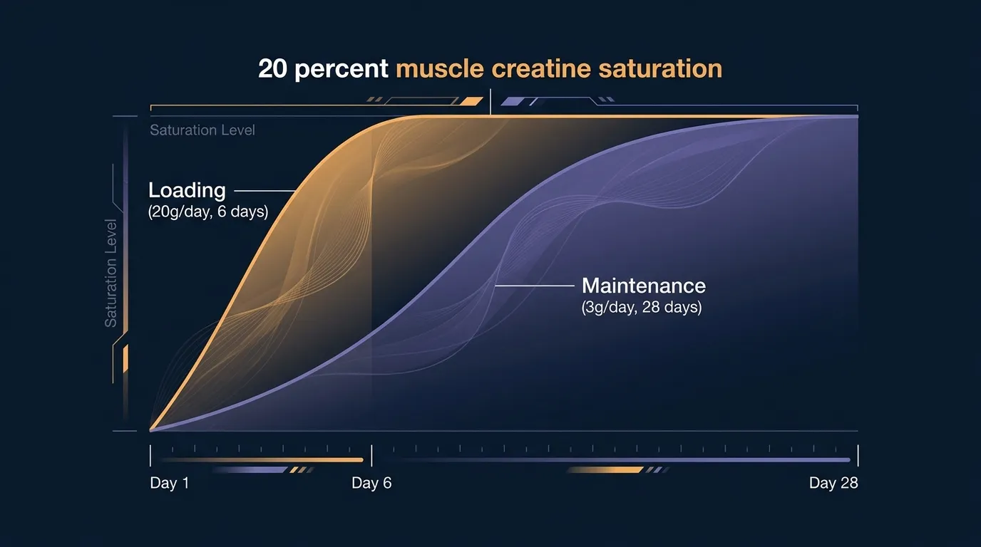 Conceptual illustration of two creatine saturation curves converging at the same muscle ceiling, one fast loading path and one slower steady dose path