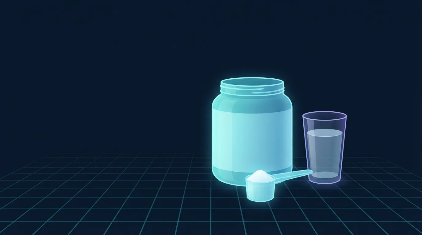 Illustration of a plain unlabeled supplement tub with a level scoop of white powder glowing cyan on a floor grid, a glass of water beside it, showing a simple daily dose
