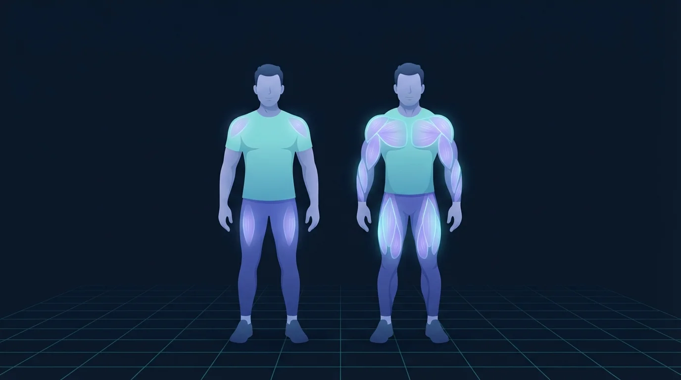 Illustration of two figures of the same height in identical clothing standing side by side, the one on the right carrying visibly more muscle through the shoulders, chest and thighs, with those muscle groups glowing faintly on the left figure and brightly on the right