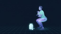 Illustration of an adult mid-squat holding a dumbbell at the chest with the quadriceps and glutes glowing, and a plain unlabeled supplement tub and scoop glowing beside them on the floor
