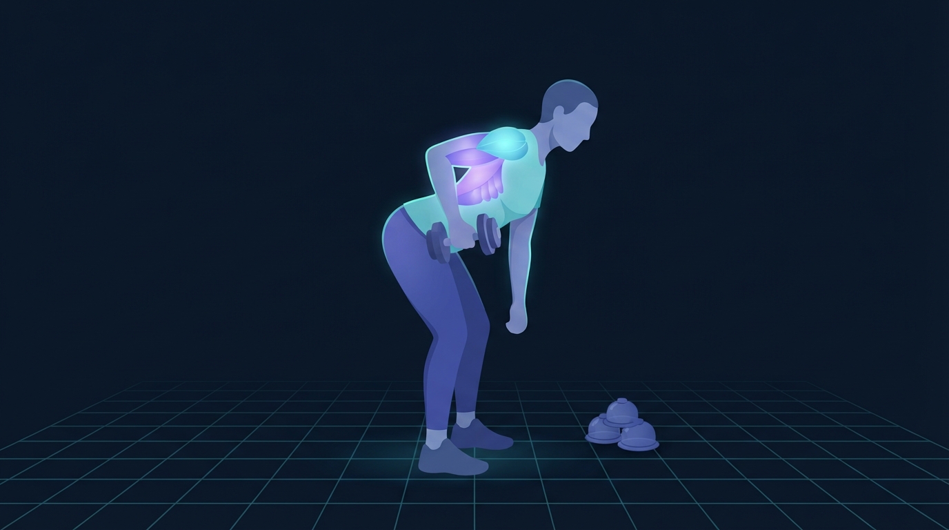 Editorial illustration of a person performing a dumbbell row with the mid-back and lat muscles glowing, with a set of unused suction cups resting on the floor beside them