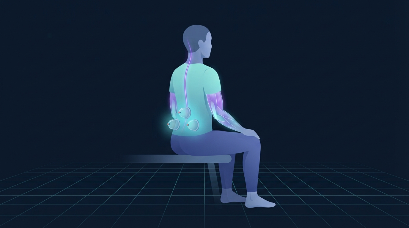Editorial illustration of a seated person viewed from behind with three suction cups on the lower back, a soft glow spreading through the superficial tissue and a glowing line running up the spine to the base of the skull