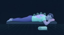 Editorial illustration of a person lying face down on a treatment table with round glass cups along the upper back and the trapezius and spinal muscles glowing