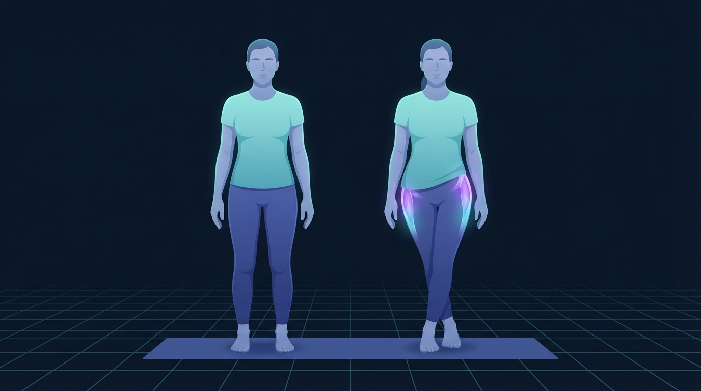 Stylized illustration comparing two standing figures, one with hips level and one slung onto a single hip so the thigh drifts across the midline, with the outer hip tendons glowing