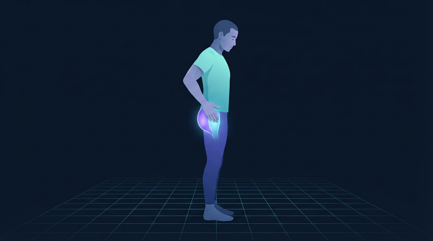 Stylized illustration of a person standing side-on with one hand pressed to the bony point on the outside of the hip, with the gluteus medius and minimus tendons glowing