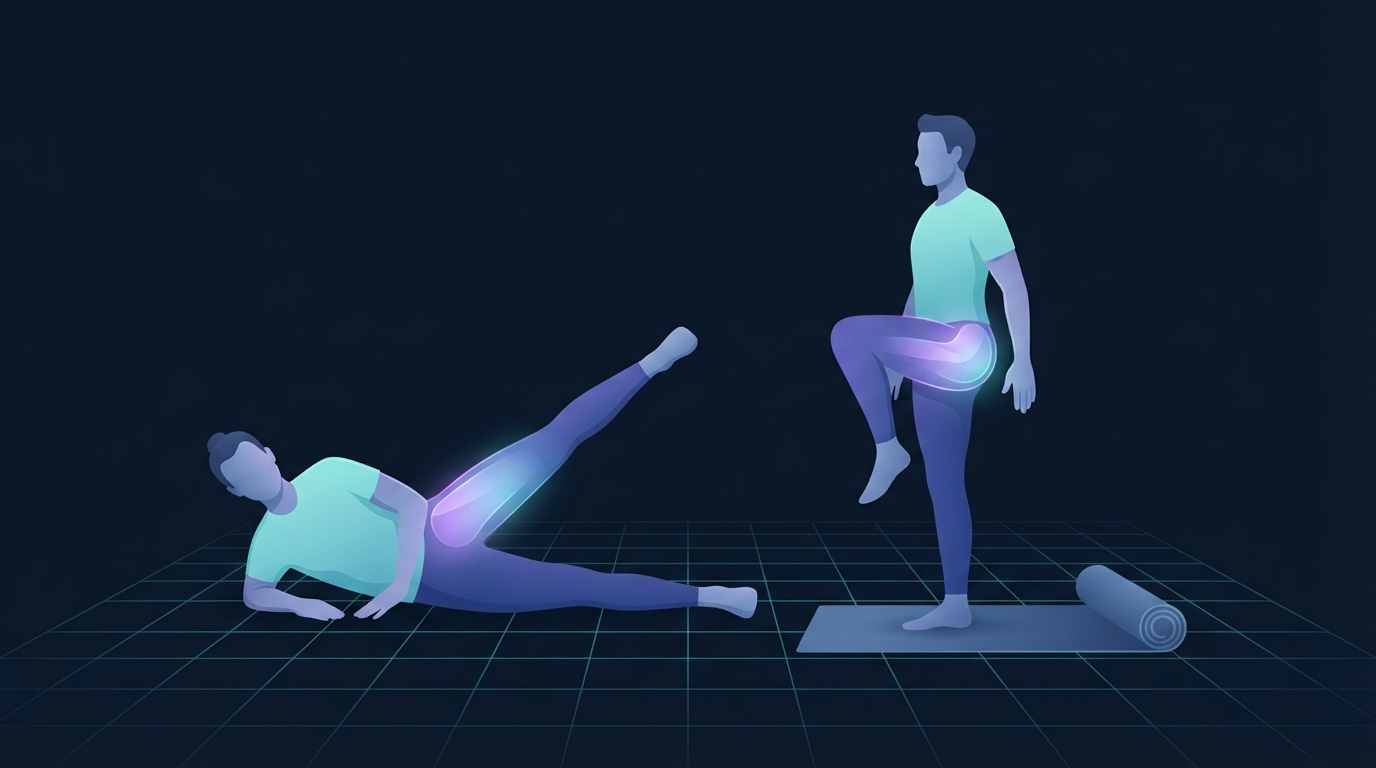 Stylized illustration of a figure performing a side-lying hip abduction beside a figure balancing in a single-leg stance, with the working hip muscles glowing in both