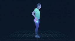 Stylized illustration of a person standing side-on with one hand pressed to the bony point on the outside of the hip, with the gluteus medius and minimus tendons glowing