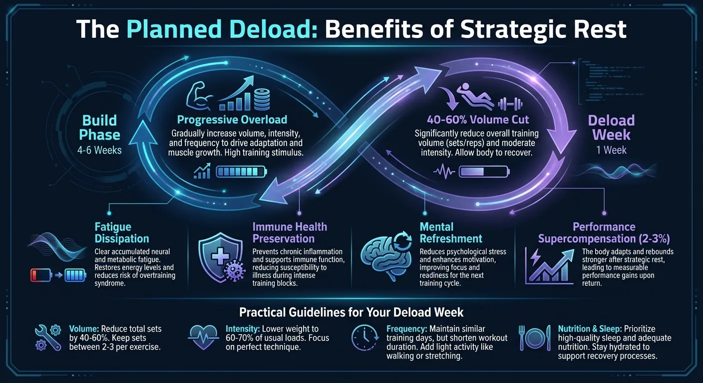 Planned deload week benefits infographic showing build phase and deload cycle with fatigue dissipation, immune health, and 2-3% performance supercompensation