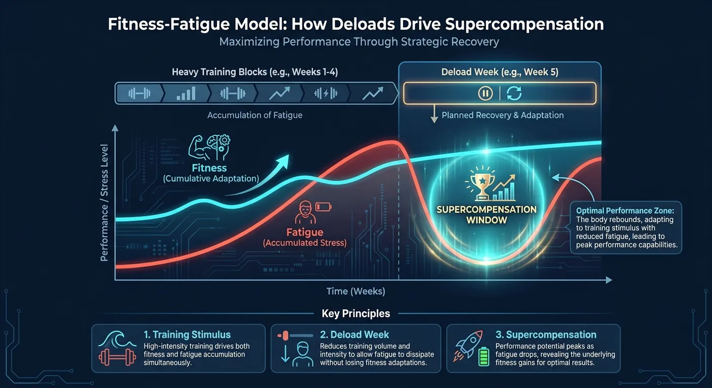 Fitness-fatigue model showing supercompensation during a deload week with fatigue dropping faster than fitness adaptations