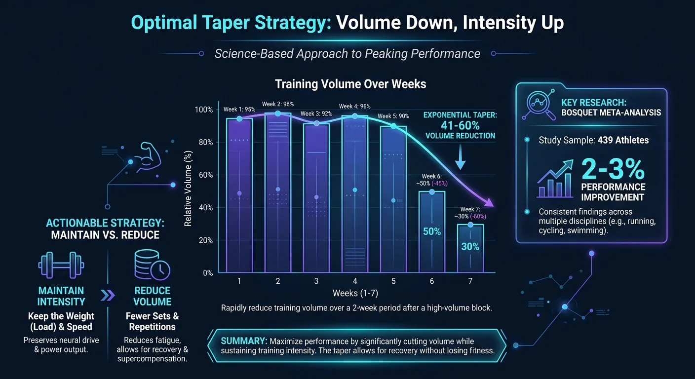 Volume reduction tapering data from Bosquet meta-analysis showing optimal 41-60% volume decrease while maintaining training intensity