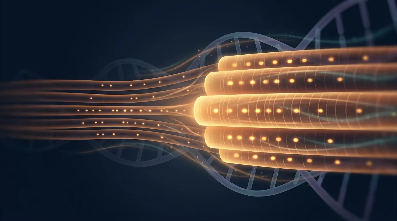 Conceptual visualization of muscle memory showing previously trained muscle returning to size faster than original buildup with retained myonuclei and epigenetic markers
