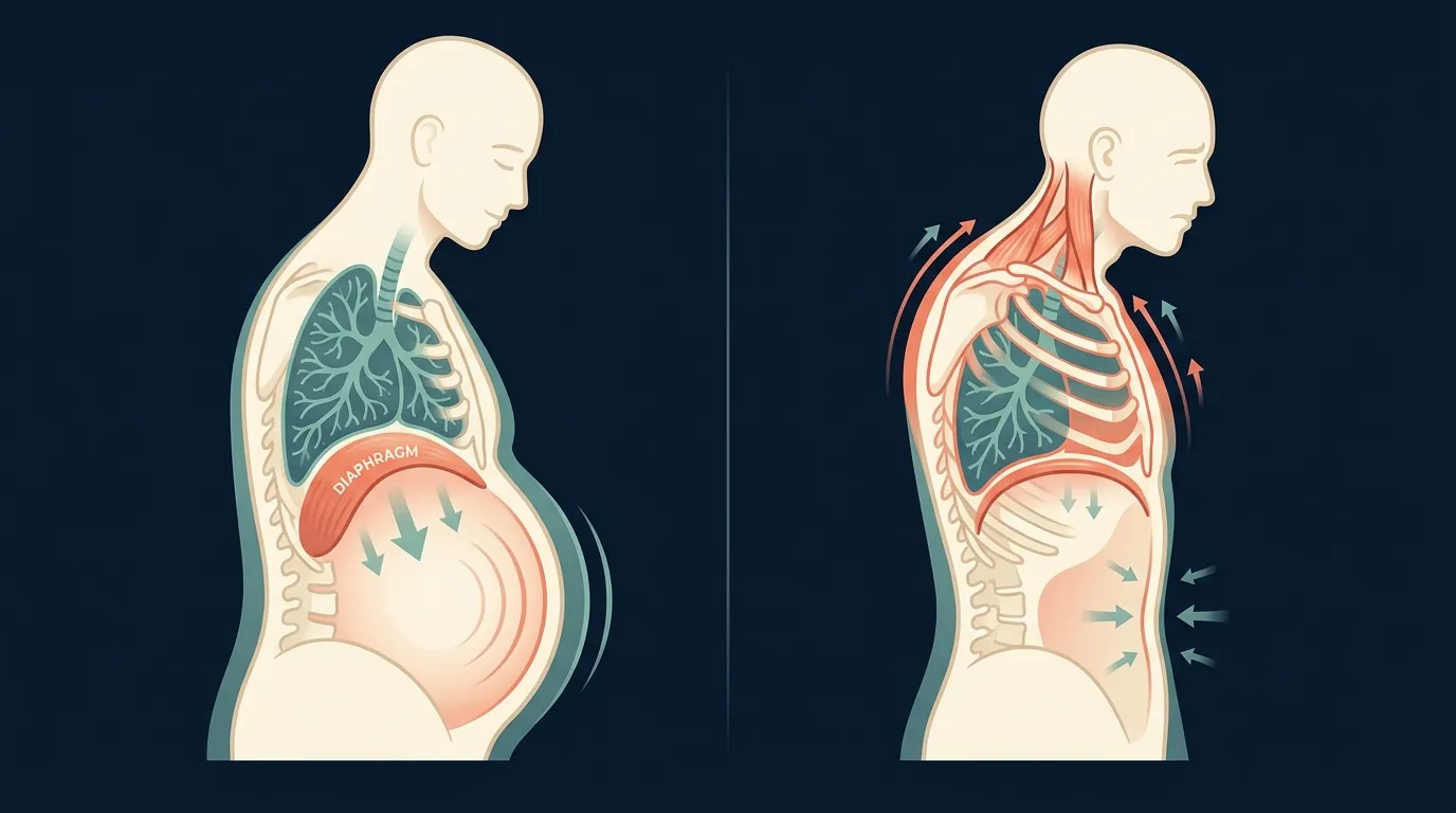 Conceptual illustration showing slow diaphragmatic belly breathing with the diaphragm descending on the inhale and the abdomen expanding versus shallow chest breathing showing the shoulders rising and the upper chest lifting