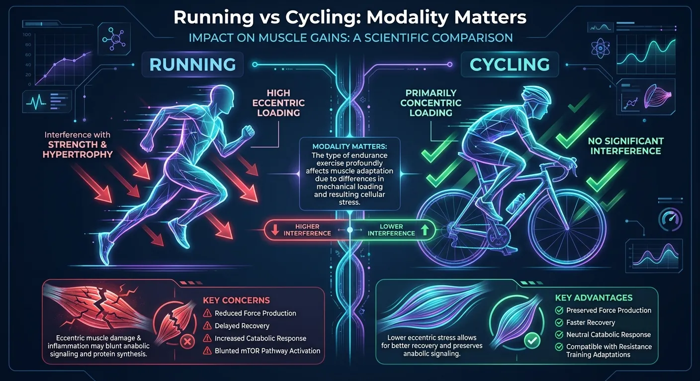 Comparison of running versus cycling impact on muscle gains showing running causes interference while cycling does not significantly impair strength or hypertrophy