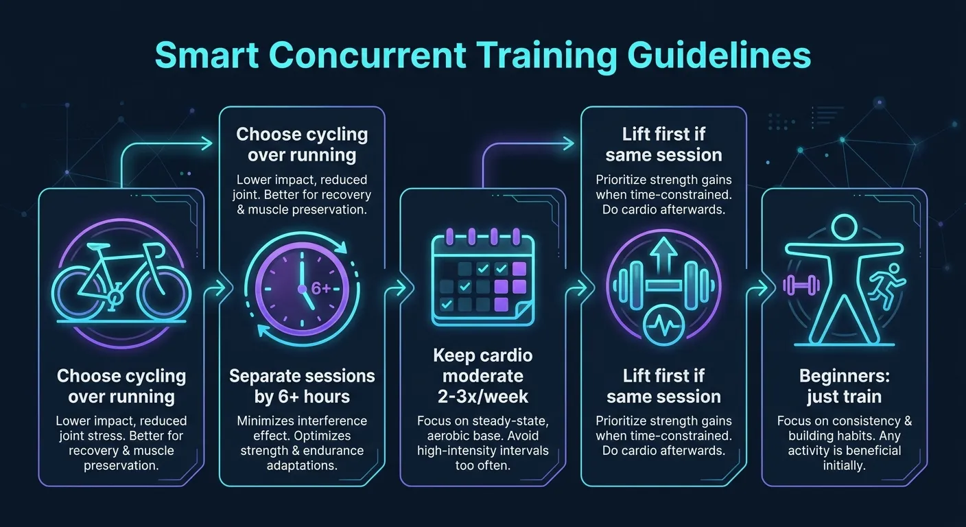 Smart concurrent training guidelines infographic showing 5 evidence-based recommendations for combining cardio and strength training