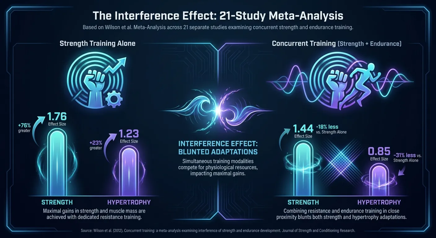 Infographic showing the concurrent training interference effect from Wilson et al. meta-analysis of 21 studies comparing strength training alone versus combined cardio and strength