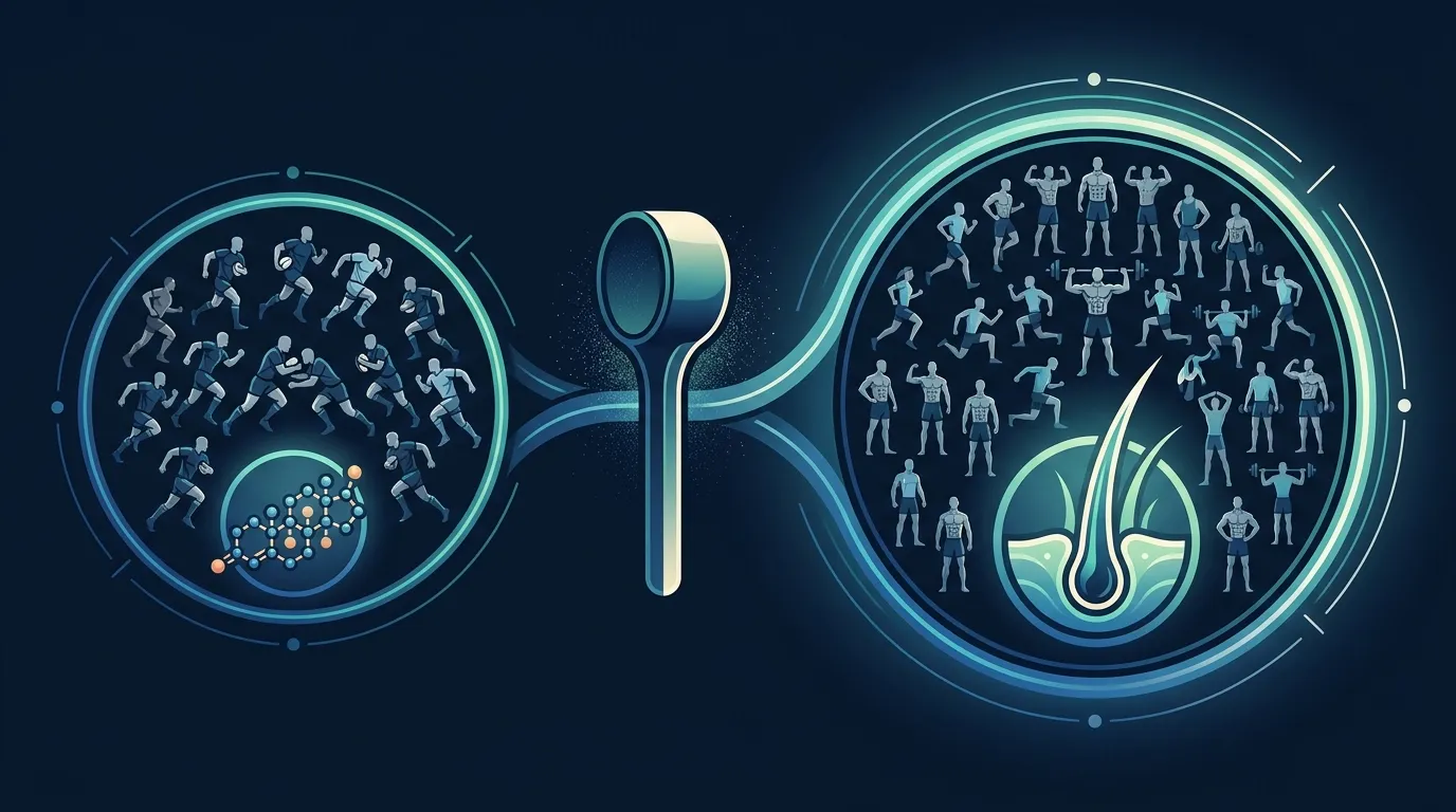 Conceptual illustration comparing a single small 2009 study on the left with a larger 2025 randomized trial on the right, both centered around a creatine scoop with hair follicle imagery