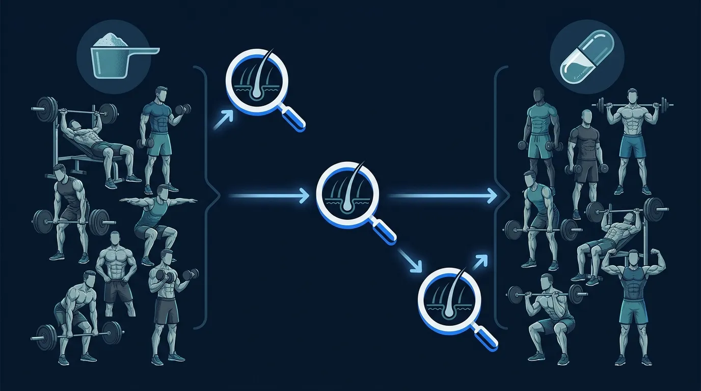 Conceptual illustration of the Lak 2025 randomized controlled trial design showing two groups of resistance-trained men, creatine versus placebo, tracked over 12 weeks with hair follicle assessment icons