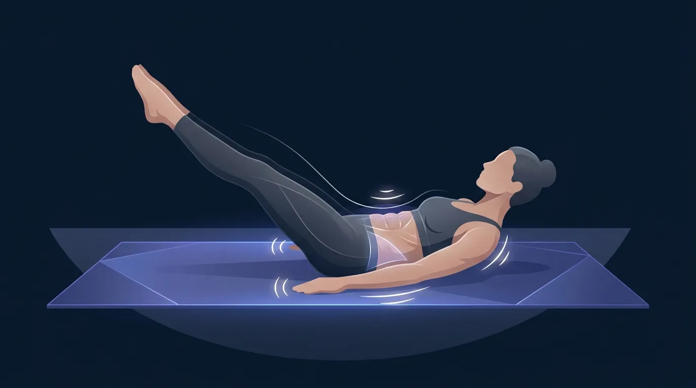 Conceptual illustration of a person performing a mat Pilates hundred position, with subtle visual cues suggesting deep trunk muscle activation and controlled breathing