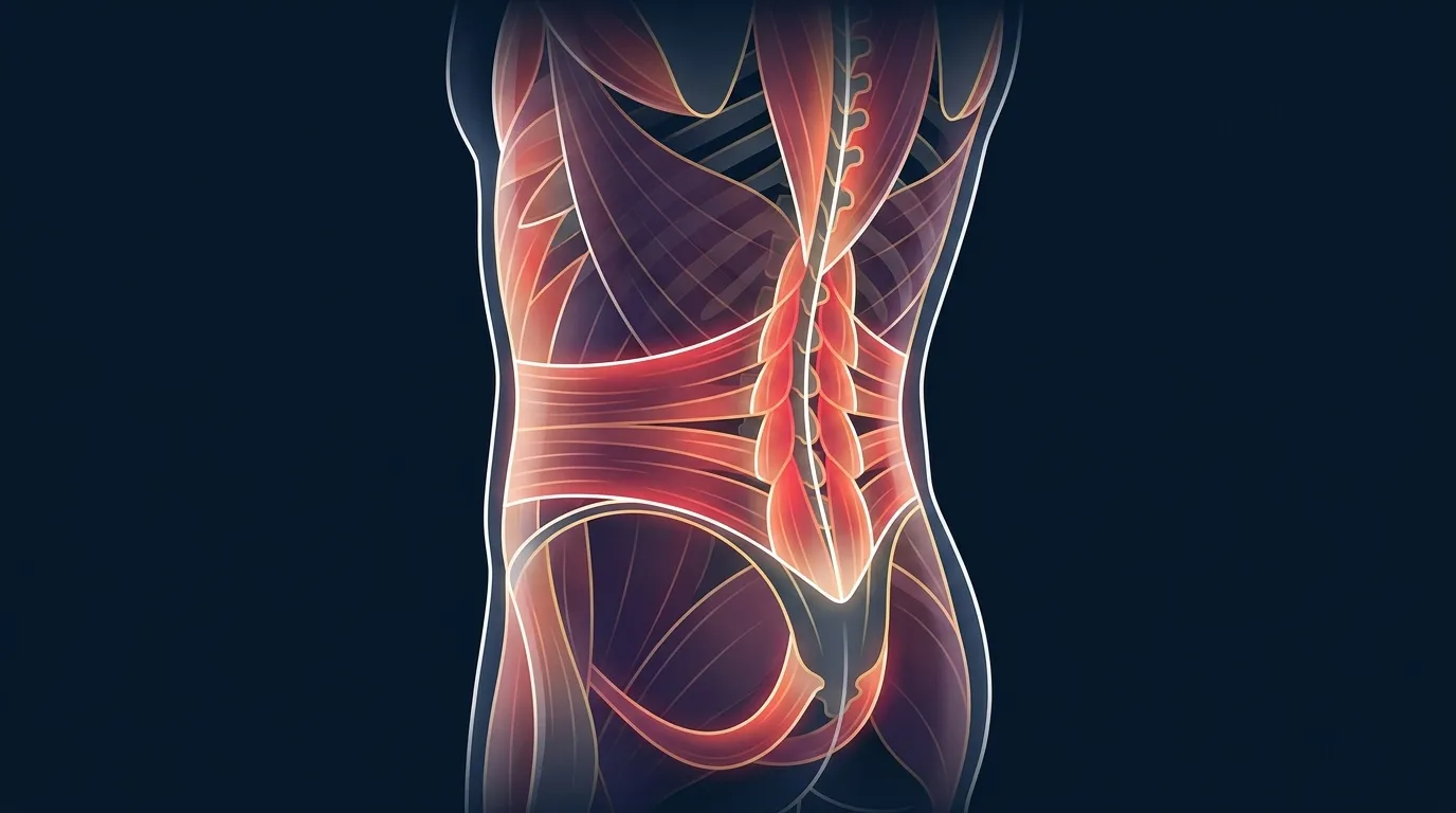 Conceptual visualization of a Pilates practitioner's core musculature (deep transversus abdominis, multifidus, and pelvic floor) shown as a stability corset supporting the spine and pelvis