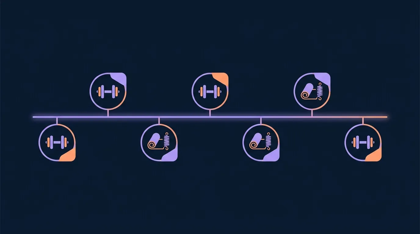 Conceptual visualization of a weekly Pilates and resistance-training schedule showing two Pilates sessions paired with two to three resistance sessions across a training week