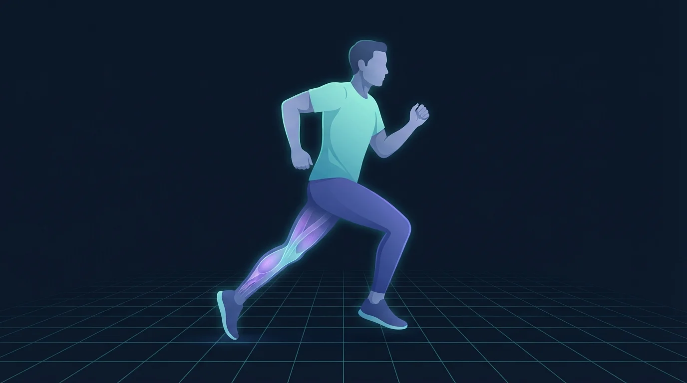 Illustration of a runner mid-stride on a teal grid with the calf and hamstring glowing faintly and the surrounding space suggesting long-distance repetition, showing endurance adaptation rather than muscle growth