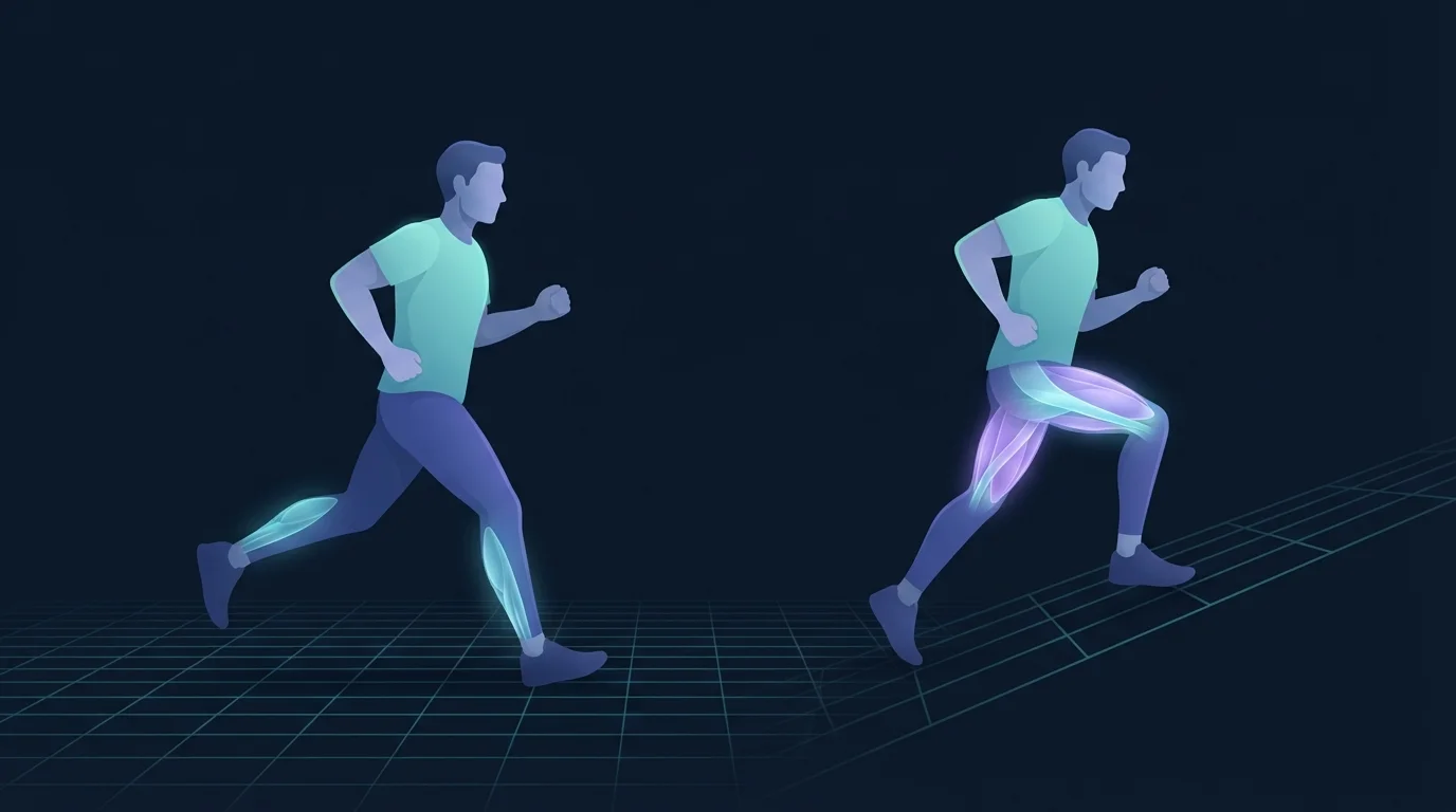 Illustration of two runners on a receding teal grid, one running on level ground with calves faintly lit and one running down a slope with the quadriceps glowing brightly in violet and cyan to show eccentric loading