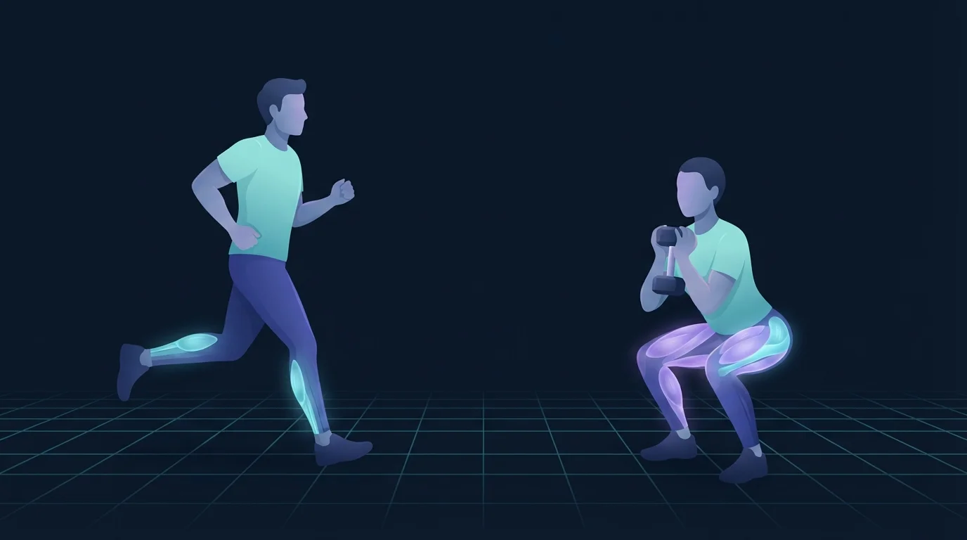 Illustration of one person alternating between a run on a teal grid path and a dumbbell squat, with the quadriceps and glutes glowing on the lifting figure and the calves faintly lit on the running figure