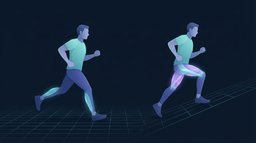 Illustration of two runners on a receding teal grid, one running on level ground with calves faintly lit and one running down a slope with the quadriceps glowing brightly in violet and cyan to show eccentric loading