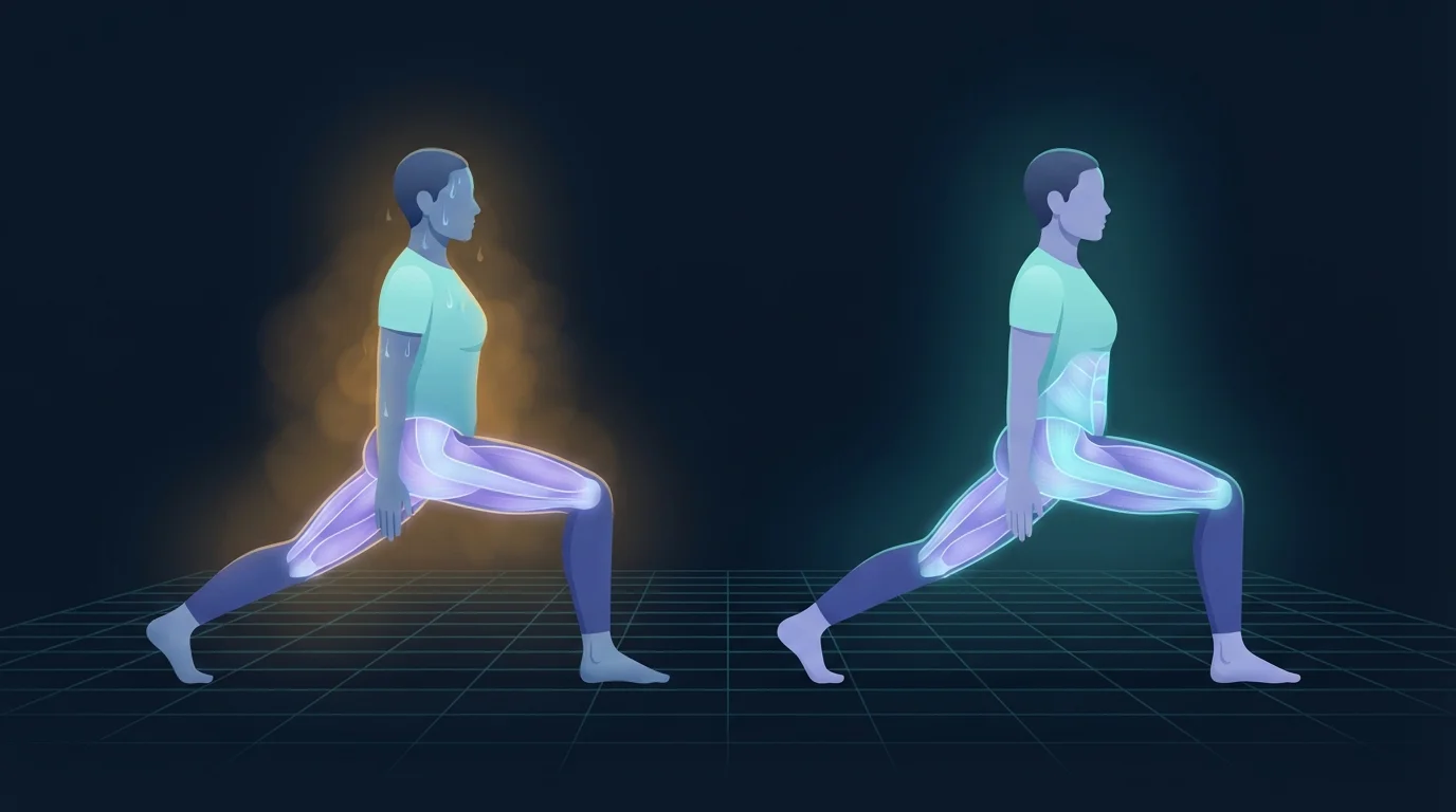 Illustration of two adults holding the same yoga warrior pose side by side, the figure on the left dripping with sweat in a hot room and the figure on the right dry in a cool room, both with the same leg and core muscle groups glowing equally