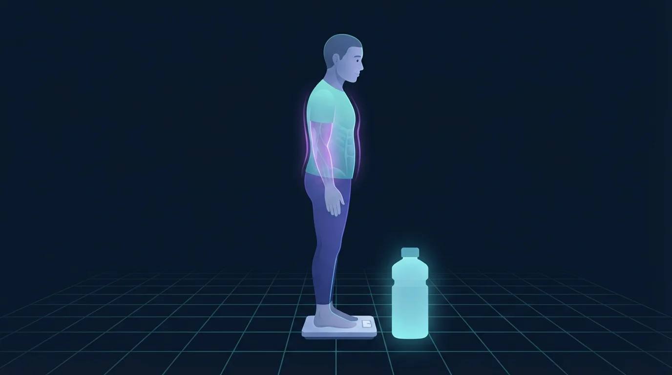 Illustration of an adult standing in profile on a bathroom scale with a blank display, a large unlabeled water bottle glowing cyan on the floor beside them and the torso outlined in a soft violet glow