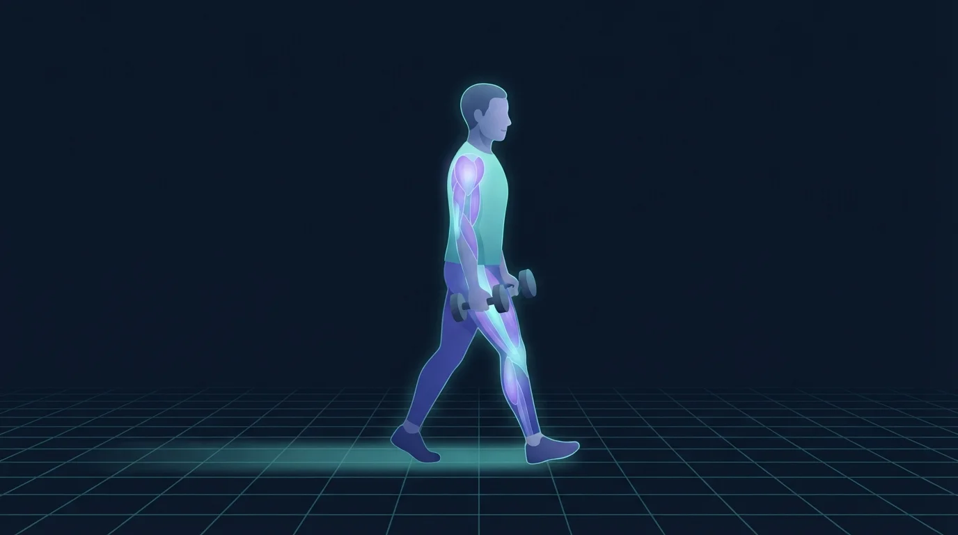 Illustration of an adult walking steadily in profile across a floor grid carrying a dumbbell in each hand, the shoulders, arms and legs glowing, with a long soft trail of teal light on the grid behind their path