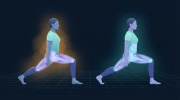 Illustration of two adults holding the same yoga warrior pose side by side, the figure on the left dripping with sweat in a hot room and the figure on the right dry in a cool room, both with the same leg and core muscle groups glowing equally