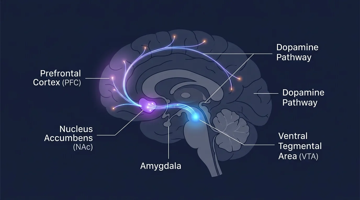 Diagram of the brain's dopamine reward pathway showing the ventral tegmental area (VTA), nucleus accumbens, amygdala, and prefrontal cortex connected by dopamine pathways