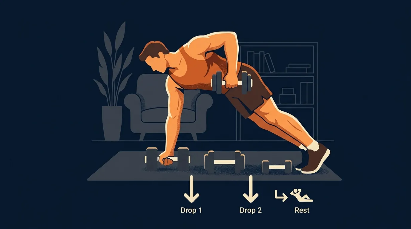 Concept illustration of a home lifter using a stack of adjustable dumbbells with descending weight increments, showing the practical application of a triple-drop set at home