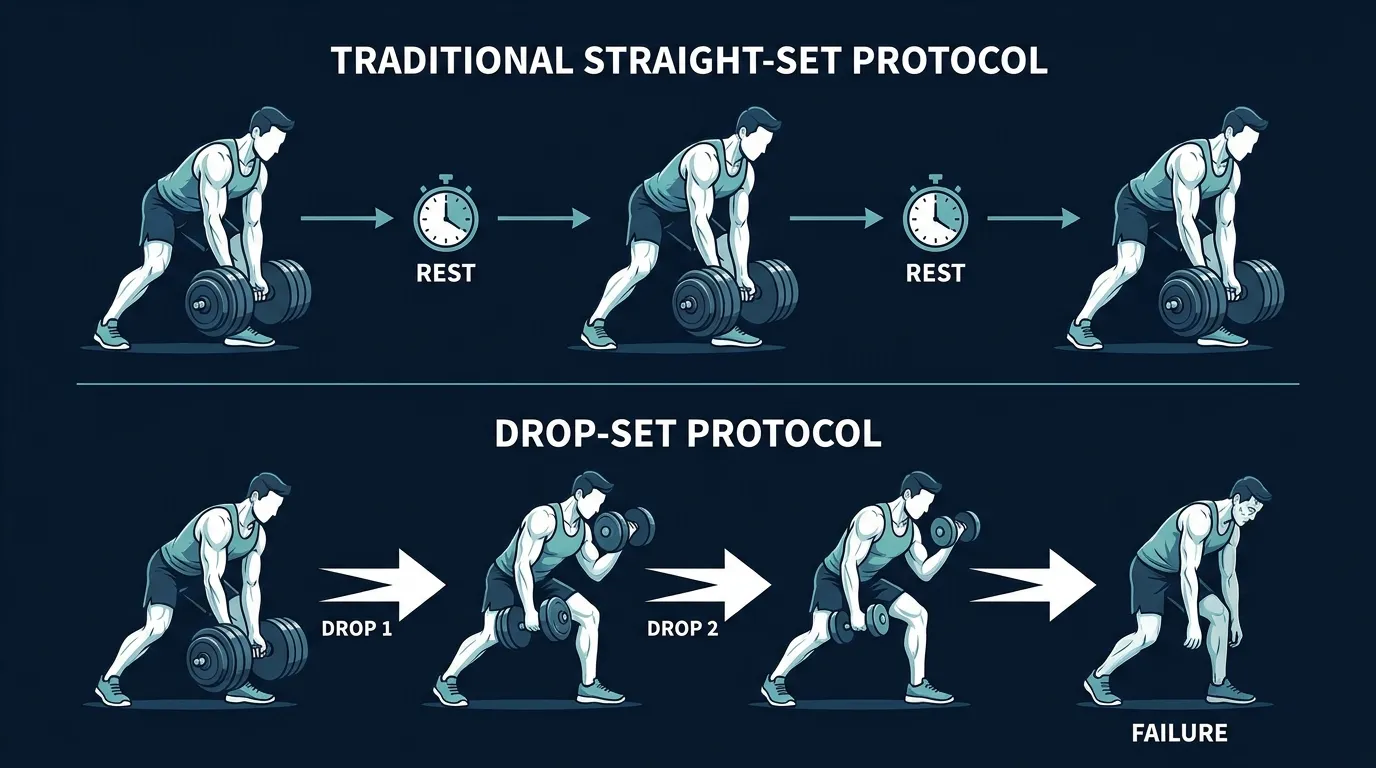 Illustration comparing a traditional straight-set protocol to a drop-set protocol, showing continued reps at descending loads after the initial working set reaches failure