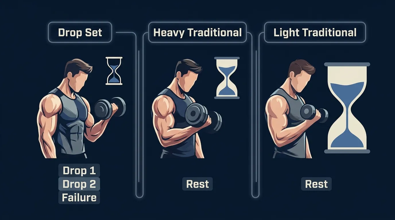 Concept illustration showing three parallel training sessions with dumbbells: a quick single drop-set protocol on the left, a moderate heavy-load traditional protocol in the middle, and a longer light-load traditional protocol on the right