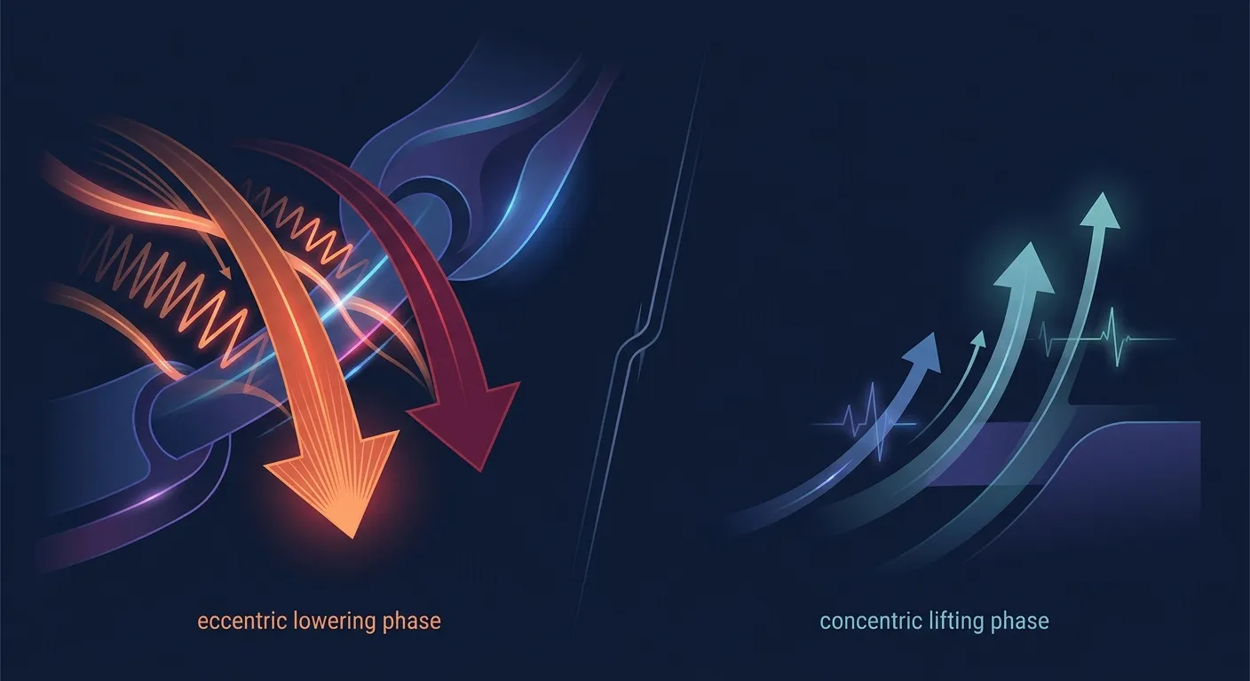 Comparison illustration showing greater force output and mechanical tension during the eccentric lowering phase versus the concentric lifting phase of resistance exercise