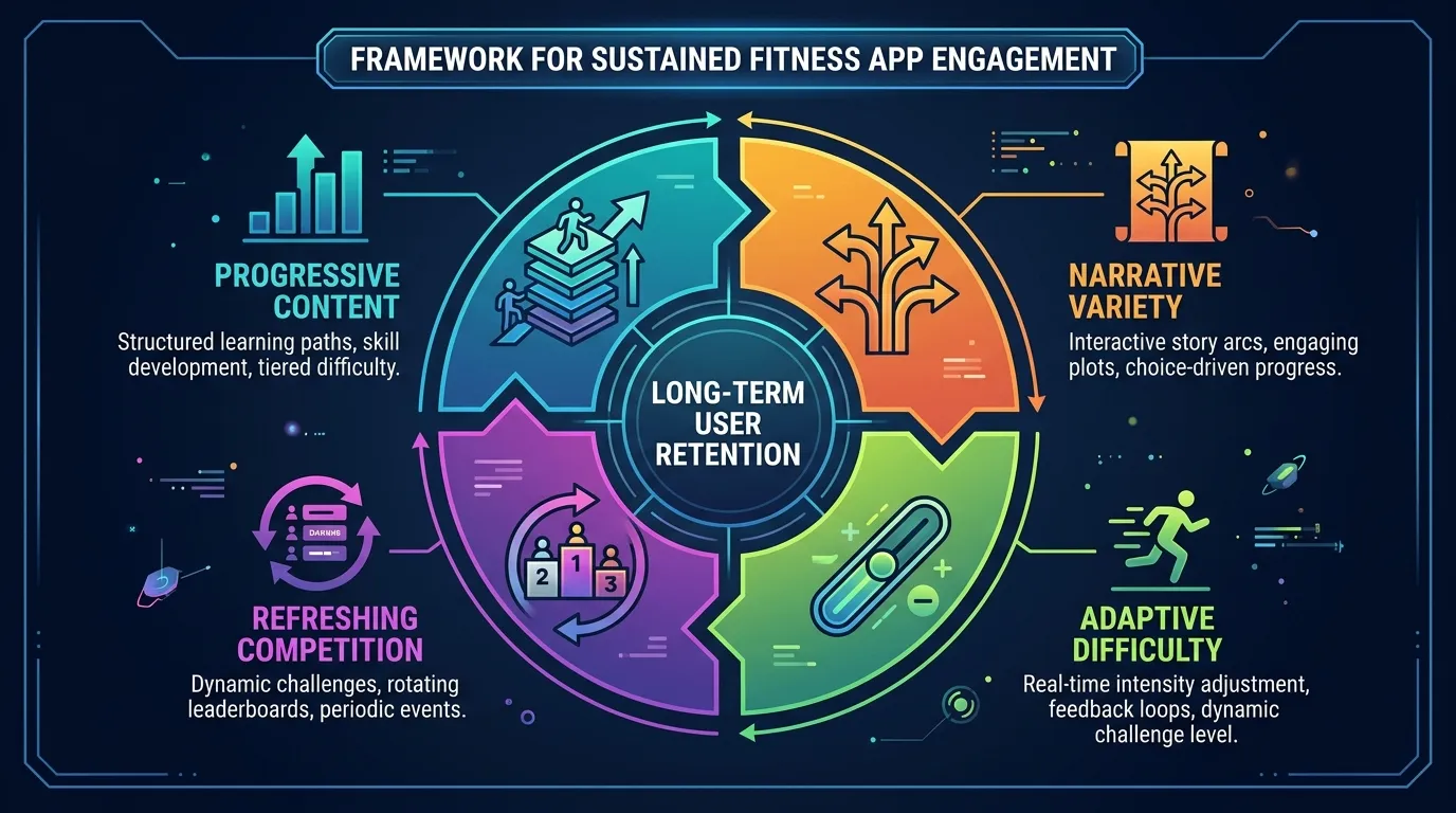 Four design properties for sustained fitness app engagement: progressive content, narrative variety, adaptive difficulty, and refreshing competition connected in a framework