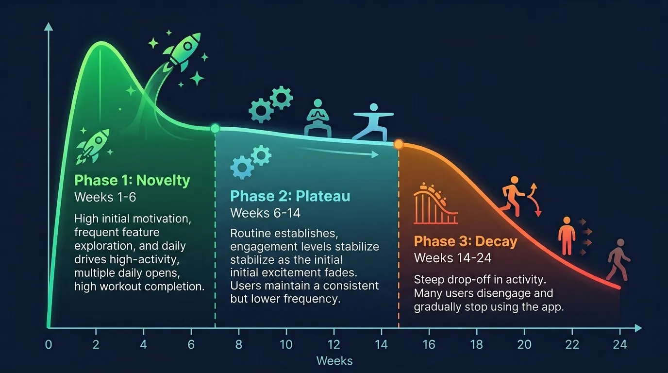 Timeline showing fitness app engagement decay through three phases: novelty phase weeks 1 to 6, plateau weeks 6 to 14, and decay phase weeks 14 to 24 with users gradually dropping off