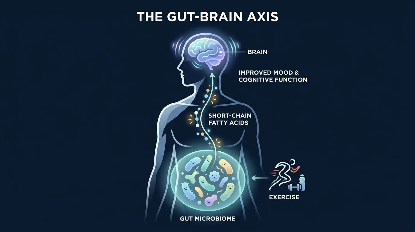 Editorial illustration of the gut-brain axis showing short-chain fatty acids from gut bacteria signaling the brain after exercise